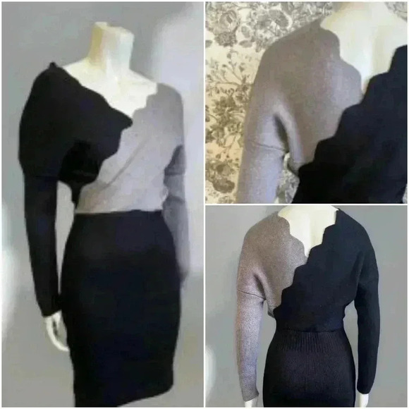 Sweater dress COLOR BLOCK ribbed knit faux wrap bodycon black gray women medium - Picture 12 of 16